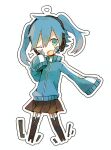  aaniko black_skirt black_thighhighs blue_eyes blue_hair blue_jacket brown_skirt chibi collared_jacket cropped_legs ene_(kagerou_project) facial_mark hair_between_eyes headphones jacket kagerou_project looking_at_viewer mekakucity_actors miniskirt one_eye_closed open_mouth popped_collar simple_background skirt sleeves_past_fingers sleeves_past_wrists solo thigh-highs track_jacket twintails very_long_sleeves white_background yellow_eyes zipper 