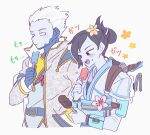  1boy 1girl animification apex_legends black_hair blue_eyes blue_kimono blue_shirt blue_skin colored_skin crumbs crypto_(apex_legends) food food_on_face grey_jacket hack_frost_crypto hair_behind_ear hair_slicked_back highres holding holding_food jacket japanese_clothes kimono looking_down looking_to_the_side nojima_minami obi popsicle sash shirt smile valkyrie_(apex_legends) valkyrie_(frozen_blossom)_(apex_legends) white_background white_hair 