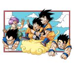  5boys black_eyes black_hair blue_eyes clenched_hands clouds commentary_request crossed_arms dougi dragon_ball dragon_ball_z father&#039;s_day father_and_son flying flying_nimbus forest_1988 frown grin hug hug_from_behind male_focus multiple_boys muscular muscular_male official_style open_mouth purple_hair riding smile son_gohan son_goku son_goten toriyama_akira_(style) trunks_(dragon_ball) vegeta wristband 