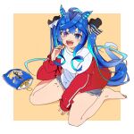 1girl :d @_@ animal_ears aqua_hair barefoot black_ribbon blue_eyes blue_hair casual chips_(food) commentary_request cutoffs eating food food_on_body food_on_face grey_shorts hair_ribbon heterochromia highres horse_ears horse_girl horse_tail jacket long_hair off_shoulder open_clothes open_jacket outside_border partial_commentary potato_chips red_jacket ribbon sharp_teeth shirt short_shorts short_sleeves shorts sitting sleeves_past_wrists smile solo sousuke_yuasa t-shirt tail teeth track_jacket twin_turbo_(umamusume) umamusume very_long_hair violet_eyes wariza white_shirt yellow_background 
