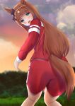  1girl alternate_costume animal_ears ass blurry blurry_background clouds commentary grass_wonder_(umamusume) hair_ornament highres horse_ears horse_girl horse_tail jacket looking_at_viewer looking_back open_mouth shia0016 shorts sky solo tail tracen_training_uniform track_jacket umamusume 