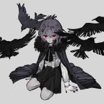  1girl amaotopian bird black_nails bow center_frills cloak commission crow expressionless flock frilled_shirt frills grey_hair hair_ornament hairclip hood hooded_cloak kneeling limited_palette long_sleeves looking_up medium_hair nail_polish on_ground original pixiv_commission pleated_skirt red_eyes shirt skirt 