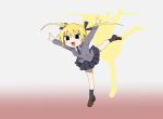  1girl :3 :d arms_up azumanga_daioh black_eyes black_necktie black_ribbon black_skirt blonde_hair blush buttons double-breasted gradient_background grey_jacket hair_ribbon jacket jumping kill_me_baby long_hair necktie open_mouth parody pleated_skirt ribbon shadow skirt smile solo sonya_(kill_me_baby) soramimi_cake twintails wing_collar yachima_tana 