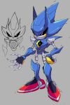 1boy absurdres animal_nose commentary cyberlord1109 english_commentary full_body furry furry_male grey_background highres looking_at_viewer male_focus metal_sonic multiple_views no_humans red_eyes red_footwear robot simple_background sketch sonic_(series) sonic_cd sonic_heroes sonic_the_hedgehog_(classic) standing 