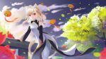 1girl ^_^ animal_ears blonde_hair cat_ears cat_girl closed_eyes clouds commentary_request falling_petals highres hitatsuphat lantern nijigen_project nika_lan_linh petals red_eyes sky smile tail tree uwu vietnamese_clothes vietnamese_commentary vietnamese_dress