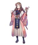  1girl artist_request bangs box brown_eyes brown_hair closed_mouth fire_emblem fire_emblem_fates fire_emblem_heroes flower full_body gift gift_box hair_flower hair_ornament hakama hakama_skirt hana_(fire_emblem) hana_(valentine)_(fire_emblem) headband highres holding japanese_clothes katana kimono long_hair long_sleeves looking_at_viewer non-web_source obi official_art pantyhose pelvic_curtain sandals sash sheath sheathed skirt smile solo standing sword transparent_background weapon wide_sleeves 