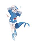  1girl :d animal_hood bangs bare_legs blue_eyes blue_footwear blue_hair blue_hoodie blunt_bangs drawstring fang fish_tail full_body gawr_gura hands_up highres hololive hololive_english hood hood_up hoodie instrument long_sleeves looking_at_viewer medium_hair motamo_(motamotri) multicolored_hair open_mouth pocket polearm shark_girl shark_hood shark_tail simple_background smile solo spear standing standing_on_one_leg streaked_hair tail ukulele virtual_youtuber weapon white_background white_hair wide_sleeves 