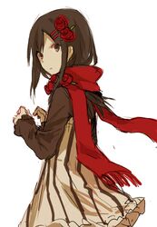  1girl aaniko alternate_costume brown_dress brown_eyes brown_hair dress enpera flower fringe_trim from_side hair_flower hair_ornament hairclip kagerou_project limited_palette long_hair long_sleeves looking_back mekakucity_actors parted_lips red_flower red_rose red_scarf rose scarf simple_background sketch solo striped striped_dress tateyama_ayano two-tone_dress upper_body vertical-striped_dress vertical_stripes white_background 