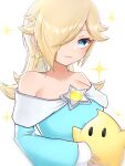  1girl aqua_dress blue_eyes brooch closed_mouth dress happy highres jewelry long_hair luma_(mario) rosalina simple_background smile sparkle super_mario_bros. super_mario_galaxy tomatomiya white_background 