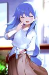  1girl :d ^_^ absurdres bangs blue_hair blurry blurry_background brown_skirt closed_eyes commentary_request extra facing_viewer fang hand_to_own_mouth highres indoors leaning_to_the_side light_blush long_hair low-tied_long_hair natsuyamai onii-chan_wa_oshimai! open_mouth pouch scissors shirt skirt smile solo very_long_hair white_shirt 