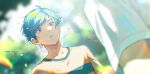  2boys blue_hair blurry blurry_background day eye_contact fish191101756 highres looking_at_another male_focus miyasumi_tatsuru multiple_boys outdoors ryman&#039;s_club shiratori_mikoto_(ryman&#039;s_club) shirt t-shirt upper_body violet_eyes 