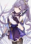  1girl absurdres bangs bare_shoulders black_pantyhose braid choker closed_mouth commentary cone_hair_bun cowboy_shot detached_sleeves genshin_impact gloves hair_bun hair_ornament highres holding holding_sword holding_weapon keqing_(genshin_impact) long_hair looking_at_viewer pantyhose purple_choker purple_gloves purple_hair purple_skirt serafhin skirt solo sword twintails violet_eyes weapon 