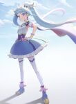  1girl blue_eyes blue_hair brooch cape cure_sky detached_sleeves full_body hand_on_hip highres hirogaru_sky!_precure jewelry long_hair looking_at_viewer magical_girl precure puffy_detached_sleeves puffy_sleeves single_sidelock sky smile solo sora_harewataru standing thigh-highs twintails two-sided_cape two-sided_fabric white_thighhighs wing_brooch wing_hair_ornament yuzu_sato 