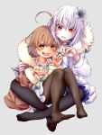  2girls :p absurdres accelerator_(toaru_majutsu_no_index) ahoge albino black_choker black_pantyhose blackcat_ael blue_skirt brown_eyes brown_hair brown_jacket brown_pantyhose child choker dress feet female_child flower fur-trimmed_jacket fur_trim green_dress grey_background hair_flower hair_ornament hands_up highres indian_style jacket knees_up lace lace_trim last_order_(toaru_majutsu_no_index) legs lily_(flower) looking_at_another looking_at_viewer multiple_girls no_shoes open_mouth pantyhose pleated_skirt red_eyes shirt short_hair sitting sitting_on_person skirt suzushina_yuriko toaru_majutsu_no_index toes tongue tongue_out white_hair white_shirt 