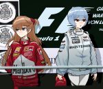  2girls alternate_costume ayanami_rei baseball_cap blue_eyes blue_hair commission formula_one hands_in_pockets hat highres holding holding_clothes holding_hat holeecrab interface_headset long_hair multiple_girls neon_genesis_evangelion racing racing_suit red_eyes redhead short_hair souryuu_asuka_langley 