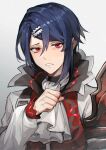  1boy alcryst_(fire_emblem) armor ascot blue_hair commentary_request fire_emblem fire_emblem_engage grey_background hair_between_eyes hair_ornament hairclip highres long_sleeves looking_at_viewer male_focus nanin red_eyes red_vest shirt short_hair shoulder_armor solo upper_body vest white_ascot white_shirt 