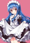  1girl alternate_costume apron bangs black_dress blue_hair blush bow bowtie breasts buttons collared_dress dress enmaided eyes_visible_through_hair frills hair_between_eyes hands_up highres hinanawi_tenshi juliet_sleeves long_hair long_sleeves looking_to_the_side maid maid_headdress medium_breasts one-hour_drawing_challenge open_mouth pink_background puffy_sleeves red_eyes ruu_(tksymkw) sidelocks simple_background solo standing tongue touhou v-shaped_eyebrows white_apron white_bow white_bowtie wing_collar 