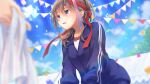  1girl blue_jacket blue_sky blurry blurry_foreground clouds confetti day hachimaki headband highres jacket kararesu_(koshiki) long_hair medium_hair multicolored_hair original outdoors red_headband red_ribbon ribbon school_uniform sky solo_focus sports_festival streaked_hair string_of_flags sweat track_jacket track_suit violet_eyes 