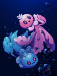  :d air_bubble blue_eyes blurry bright_pupils bubble commentary_request frillish frillish_(female) frillish_(male) looking_at_viewer no_humans open_mouth pokemon pokemon_(creature) smile tondede_(yasz2223) underwater white_pupils 