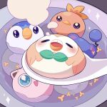  :d blush bowl chinese_commentary chinese_spoon closed_eyes commentary_request gatcha8169 highres jigglypuff liquid marill no_humans open_mouth piplup pokemon pokemon_(creature) rowlet smile sparkle sparkling_eyes torchic 