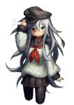  1girl bangs black_headwear black_pantyhose black_sailor_collar black_skirt blush closed_mouth commentary_request cowboy_shot flat_cap flat_chest grey_eyes grey_hair hair_between_eyes hat hat_tip hibiki_(kancolle) htm_(gixig) kantai_collection long_hair long_sleeves looking_at_viewer miniskirt neckerchief notice_lines pantyhose red_neckerchief sailor_collar school_uniform serafuku shirt simple_background skirt smile solo white_background white_shirt 