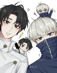  ! 4boys absurdres arm_up bangs black_eyes black_hair blush chibi chibi_on_head closed_mouth covered_mouth dual_persona grey_hair head_rest heart high_collar highres inumaki_toge jacket jujutsu_kaisen jujutsu_tech_uniform kyllooelo long_sleeves looking_at_viewer male_focus miniboy multiple_boys okkotsu_yuuta on_head open_mouth parted_bangs short_hair simple_background sword sword_on_back violet_eyes waving weapon weapon_on_back white_background white_jacket 