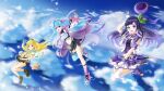  3girls aqua_hair blonde_hair blue_sky breasts clouds commentary_request detached_collar eggplant highres hitatsuphat holding holding_clothes holding_skirt kisaki_tencha midair misora_kanon multiple_girls natsumi_hachi nijigen_project purple_hair purple_headwear skirt sky sparkle thigh-highs v vietnamese_commentary violet_eyes virtual_youtuber white_thighhighs 