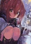  1girl absurdres bangs black_gloves black_scarf black_socks brown_eyes brown_hair coat folded_ponytail gloves hair_between_eyes highres inazuma_(kancolle) kaamin_(mariarose753) kantai_collection kneehighs long_hair long_sleeves parted_lips scarf snow socks solo white_coat 