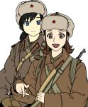  2girls bangs black_hair blue_eyes bolt_action brown_coat brown_eyes brown_hair closed_mouth coat collar_tabs collared_coat commentary english_commentary epaulettes flat_color freckles fur_hat gun hat hat_ornament ivan long_sleeves looking_at_viewer medium_hair military military_hat military_jacket military_uniform mosin-nagant multiple_girls open_mouth original pointing pointing_forward red_star red_trim rifle ringed_eyes short_hair shoulder_strap sling smile soldier soviet soviet_army star_(symbol) star_hat_ornament transparent_background uniform upper_body ushanka weapon weapon_on_back white_headwear world_war_ii 