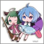  2girls ahoge animal_ears aqua_vest artist_name bangs blue_eyes blue_hair blue_skirt broom chibi dog_ears dress full_body geta green_eyes green_hair hair_between_eyes heterochromia holding holding_broom karakasa_obake kasodani_kyouko long_sleeves multiple_girls namauni one_eye_closed open_mouth pink_dress red_eyes shirt short_eyebrows short_hair skirt smile tatara_kogasa tongue tongue_out touhou umbrella white_shirt 