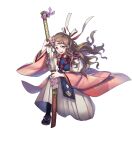  1girl artist_request bangs brown_eyes brown_hair fire_emblem fire_emblem_fates fire_emblem_heroes flower full_body hair_flower hair_ornament hakama hakama_skirt hana_(fire_emblem) hana_(valentine)_(fire_emblem) headband highres holding holding_sword holding_weapon japanese_clothes katana kimono kneeling long_hair long_sleeves non-web_source official_art open_mouth pantyhose sandals sash sheath skirt smile solo sword transparent_background weapon wide_sleeves 