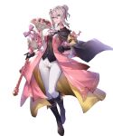  1girl ascot bangs boots box breasts buttons capelet coat detached_sleeves effie_(fire_emblem) effie_(valentine)_(fire_emblem) essual_(layer_world) fire_emblem fire_emblem_fates fire_emblem_heroes flower full_body gift gift_box gloves gold_trim green_eyes hair_bun hair_ornament highres holding knee_boots lips long_hair long_sleeves looking_at_viewer medium_breasts non-web_source official_art open_clothes pants pink_coat sidelocks smile solo transparent_background white_hair white_pants 