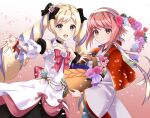  2girls absurdres basket black_choker black_dress black_eyes black_ribbon blonde_hair brown_eyes choker collarbone detached_sleeves dress elise_(fire_emblem) elise_(valentine)_(fire_emblem) fire_emblem fire_emblem_fates fire_emblem_heroes flower highres holding holding_basket kakiko210 long_hair multiple_girls official_alternate_costume open_mouth petals pink_hair red_ribbon ribbon sakura_(fire_emblem) sakura_(valentine)_(fire_emblem) short_hair smile white_dress white_ribbon wrist_ribbon 