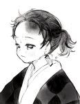  1boy aged_down checkered_clothes crying earrings greyscale half-closed_eyes hanafuda_earrings highres japanese_clothes jewelry kamado_tanjirou kimetsu_no_yaiba kimono looking_away male_focus monochrome ponytail portrait scar scar_on_face scar_on_forehead simple_background siomy_0 solo 