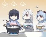  3girls ahoge alternate_costume apron bangs black_hair blue_eyes blue_hair blue_hoodie boiling bowl chinese_commentary closed_mouth commentary_request cooking drooling food ganyu_(genshin_impact) genshin_impact glutton goat_horns gradient_background gradient_hair green_eyes grey_hair grey_sweater hair_between_eyes hair_over_one_eye hand_up holding holding_bowl hood hoodie horns lamp long_hair long_sleeves looking_at_another looking_down multicolored_eyes multicolored_hair multiple_girls open_mouth orange_background pink_apron polka_dot polka_dot_apron puffy_long_sleeves puffy_sleeves saucepan shenhe_(genshin_impact) short_hair sidelocks single_stripe smile standing star_(symbol) star_print steam striped striped_sweater sweater table tang_yuan tongue turtleneck turtleneck_sweater v-shaped_eyebrows violet_eyes water white_background white_hoodie xinzoruo yelan_(genshin_impact) yellow_eyes 