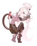  1girl absurdres animal_ears asymmetrical_hair blue_archive cat_ears cat_tail gloves grey_hair halo highres long_hair looking_at_viewer mutsuki_(blue_archive) official_alternate_costume pink_hair shirt smile solo tail tatara_(alnath_may) white_background white_hair white_shirt 