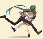  2girls ahoge androgynous bangs black_footwear black_gloves black_pants brown_footwear brown_hair brown_shirt collared_shirt commentary covered_face cr_loop facing_away from_side full_body glomp gloves green_hair hug juliana_(pokemon) kneehighs leg_up legs_apart long_hair low_ponytail midair multiple_girls necktie orange_necktie orange_shorts outstretched_arms pants pokemon pokemon_(game) pokemon_sv ponytail rika_(pokemon) shirt shoes short_hair shorts simple_background socks standing standing_on_one_leg suspender_pants suspenders swept_bangs white_shirt white_socks yellow_background 
