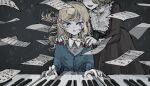  2girls amaotopian blonde_hair blue_eyes cardigan dress female_child grey_background hands_on_another&#039;s_shoulders head_out_of_frame highres instrument long_hair multiple_girls music nail_polish original parted_lips piano playing_instrument playing_piano red_nails sheet_music smile straight-on sweat wavy_hair 
