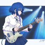  1girl artist_name bangs bass_guitar black_shirt blue_hair blue_skirt bob_cut bocchi_the_rock! dated dress_shirt fender_precision_bass hair_ornament hairclip highres holding holding_instrument instrument looking_to_the_side miniskirt music outside_border parted_lips playing_instrument pleated_skirt satou_yasu school_uniform shirt short_hair signature skirt solo standing undershirt white_shirt wing_collar yamada_ryou yellow_eyes 