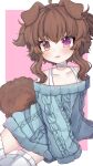 1girl absurdres animal_ears artist_request blue_sweater brown_hair choker dog_ears dog_girl dog_tail emi_(vtuber) fang heterochromia highres indie_virtual_youtuber looking_at_viewer no_pants short_hair sitting sleeves_past_wrists solo sweater tail thigh-highs thighs two_side_up virtual_youtuber white_thighhighs 