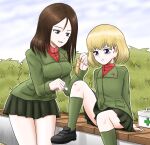  2girls bandaid bangs black_footwear black_hair black_skirt blonde_hair blue_eyes blue_sky bob_cut bush closed_mouth commentary day fang first_aid_kit frown girls_und_panzer green_jacket green_socks half-closed_eyes harukai-i highres holding_bandaid jacket katyusha_(girls_und_panzer) kneehighs knees_up leaning_forward loafers long_sleeves looking_at_another medium_hair miniskirt multiple_girls nonna_(girls_und_panzer) open_mouth outdoors pleated_skirt pravda_school_uniform red_shirt school_uniform scratches shirt shoes short_hair sitting skirt sky smile socks standing swept_bangs tearing_up turtleneck 