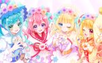  4girls ;) ;d arm_up bangs big_hair blonde_hair blue_bow blue_dress blue_eyes blue_hair blunt_bangs bow bun_cover chinese_clothes closed_mouth cure_finale cure_finale_(party_up_style) cure_precious cure_precious_(party_up_style) cure_spicy cure_spicy_(party_up_style) cure_yum-yum cure_yum-yum_(party_up_style) delicious_party_precure double_bun dress earrings flower frilled_sleeves frills fuwa_kokone gloves green_eyes hair_bow hair_bun hair_flower hair_ornament hanamichi_ran head_wreath heart highres jewelry kasai_amane kome-kome_(precure) light_particles long_hair long_sleeves magical_girl mem-mem_(precure) merrybear multiple_girls nagomi_yui one_eye_closed open_mouth pam-pam_(precure) pink_dress pink_hair precure purple_dress red_eyes side-by-side side_ponytail smile strapless strapless_dress violet_eyes white_gloves yellow_dress 