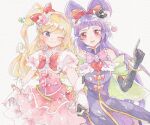  2girls asahina_mirai black_gloves blonde_hair blush bow cure_magical cure_miracle earrings elbow_gloves gloves hair_bow hat holding_hands itomugi-kun izayoi_liko jewelry long_hair magical_girl mahou_girls_precure! mini_hat mini_witch_hat multiple_girls one_eye_closed one_side_up pink_headwear precure purple_hair red_bow red_eyes short_bangs smile violet_eyes white_gloves witch_hat 