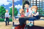 1girl 3boys ^_^ ^o^ annoyed bag bakugou_katsuki bangs bare_arms bare_shoulders belt black_tank_top blank_eyes blonde_hair blue_footwear blue_overalls blue_pants blue_sky blush boku_no_hero_academia bracelet bright_pupils brown_belt brown_eyes brown_footwear brown_hair bush child closed_eyes clouds cloudy_sky cobblestone collared_shirt commentary cross-laced_footwear crossed_ankles curly_hair day dot_nose dress_shirt eating facing_viewer female_child fence food foot_dangle freckles freestyle18 green_hair hair_bobbles hair_ornament hand_up hands_in_pockets hands_up happy hat head_tilt holding holding_bag holding_food jewelry looking_at_another male_child midoriya_izuku multiple_boys necktie open_collar open_mouth outstretched_leg overalls pants perspective pink_overalls plastic_bag popsicle_in_mouth porch profile red_footwear red_necktie sandals school_uniform scowl shadow shimano_katsuma shimano_mahoro shirt shoe_flower shoe_soles shoes short_hair short_sleeves sitting sky sleeves_rolled_up slouching smile sneakers spiky_hair sun_hat sunlight t-shirt tank_top tree turning_head twintails v-shaped_eyebrows veranda walking white_footwear white_pupils white_shirt 