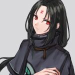  1boy black_hair blue_robe commentary_request facial_mark fire_emblem fire_emblem:_radiant_dawn forehead_mark grey_background hazuki_(nyorosuke) high_collar long_hair looking_at_viewer male_focus red_eyes robe simple_background solo soren_(fire_emblem) upper_body 