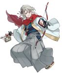  1boy arrow_(projectile) bangs black_socks bow_(weapon) character_print commentary corrin_(fire_emblem) corrin_(male)_(fire_emblem) corrin_(male)_(new_year)_(fire_emblem) english_commentary fire_emblem fire_emblem_fates fire_emblem_heroes full_body grey_hair grey_hakama hair_between_eyes hakama highres holding holding_arrow holding_bow_(weapon) holding_weapon japanese_clothes kimono lilith_(fire_emblem) looking_away male_focus misokatsuhaumai official_alternate_costume open_clothes open_kimono pointy_ears red_eyes red_scarf sandals scarf short_hair simple_background socks solo tongue tongue_out weapon white_background wide_sleeves 