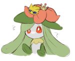  1girl ? bangs blue_eyes bright_pupils colored_skin commentary_request crown flat_chest flower green_hair green_skin hair_flower hair_ornament hands_up joltik lilligant long_hair mini_crown monster_girl multicolored_skin no_mouth on_head plant_girl pokemon pokemon_(creature) pokemon_on_head red_eyes red_flower sidelocks simple_background sketch solo_focus swept_bangs tem_(tem_konp10) two-tone_skin upper_body white_background white_pupils white_skin yellow_headwear 