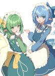  2girls absurdres alternate_costume apron back_bow bangs blue_bow blue_eyes blue_hair bow cirno commentary_request commission daiyousei ei_tantan enmaided fairy fairy_wings flat_chest frilled_apron frills green_eyes green_hair hair_bow highres ice ice_wings long_sleeves maid maid_apron maid_headdress multiple_girls pointy_ears puffy_long_sleeves puffy_sleeves second-party_source short_hair side_ponytail simple_background skeb_commission touhou waist_apron white_apron white_background wings yellow_bow 