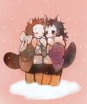  2boys ^_^ aged_down animal_ears black_hair blue_eyes boots bow brown_hair child closed_eyes coat crying fox_boy fox_ears fox_tail full_body green_coat hair_slicked_back hands_up happy heads_together highres japanese_clothes kamado_tanjirou kemonomimi_mode kimetsu_no_yaiba long_hair long_sleeves looking_away male_child male_focus mittens multiple_boys purple_coat raccoon_boy raccoon_ears raccoon_tail red_background sad sash scarf short_hair siomy_0 smile snow snowing standing tail tomioka_giyuu white_scarf winter_clothes 