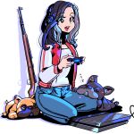  1girl absurdres black_eyes black_hair blue_pants bolt_action controller denim dog game_console grey_shirt gun headphones highres holding holding_controller jacket jeans letterman_jacket long_hair mauser_98 open_mouth original pants playstation_4 red_jacket rifle rolan-ce shadow shirt sitting sleeping smile solo weapon white_background 